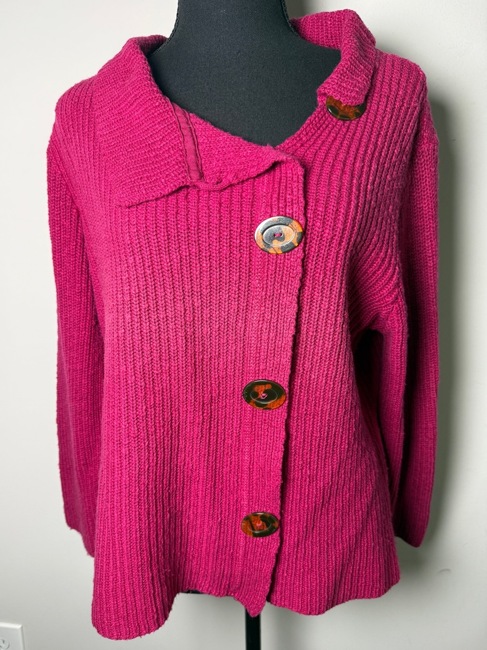 Willow Slub Knit Chunky Cotton Asymmetrical Button Cardigan Magenta Sz S